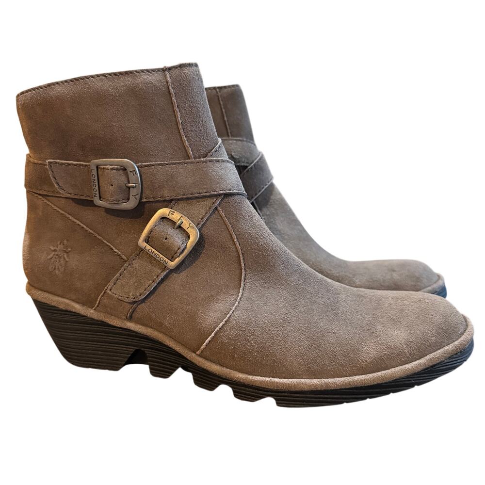 Fly London Perz Suede Buckle Wedge Ankle Boots Brown Size 42 US 10.5 500914-011